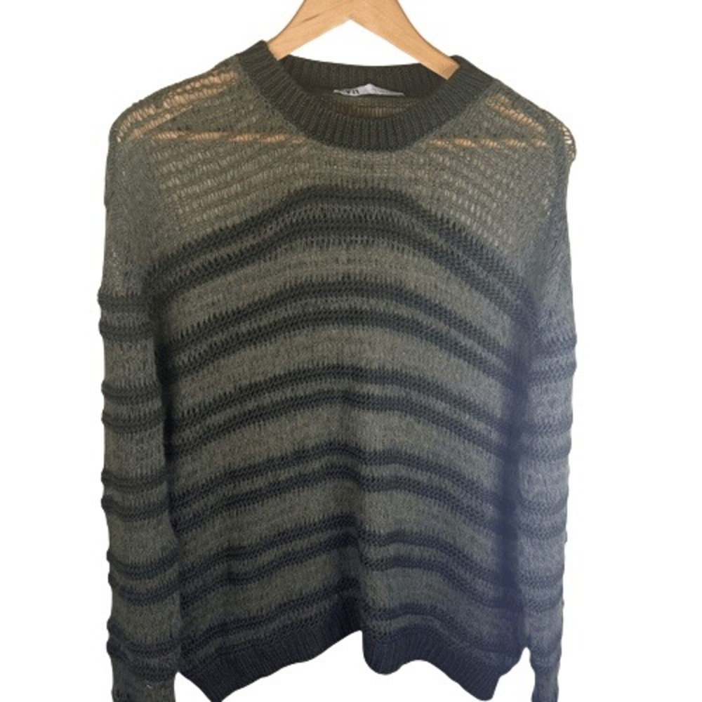 Zara Womens Striped Open‎ Knit Size Small Sweater Olive Black Career Work Wear